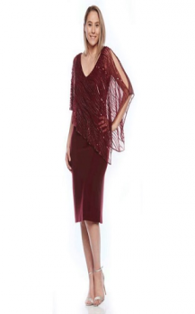 Jesse Harper collection, Style Code jh 0130, Short sleeve stretch jersey dress with beaded overlay cape.